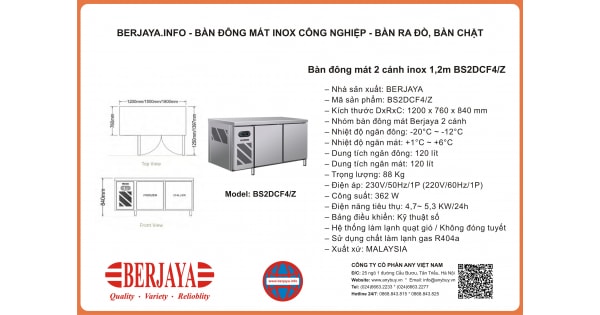 Bàn mát - đông công nghiệp Berjaya1.2m Bs2dcf4z thông số kỹ thuật