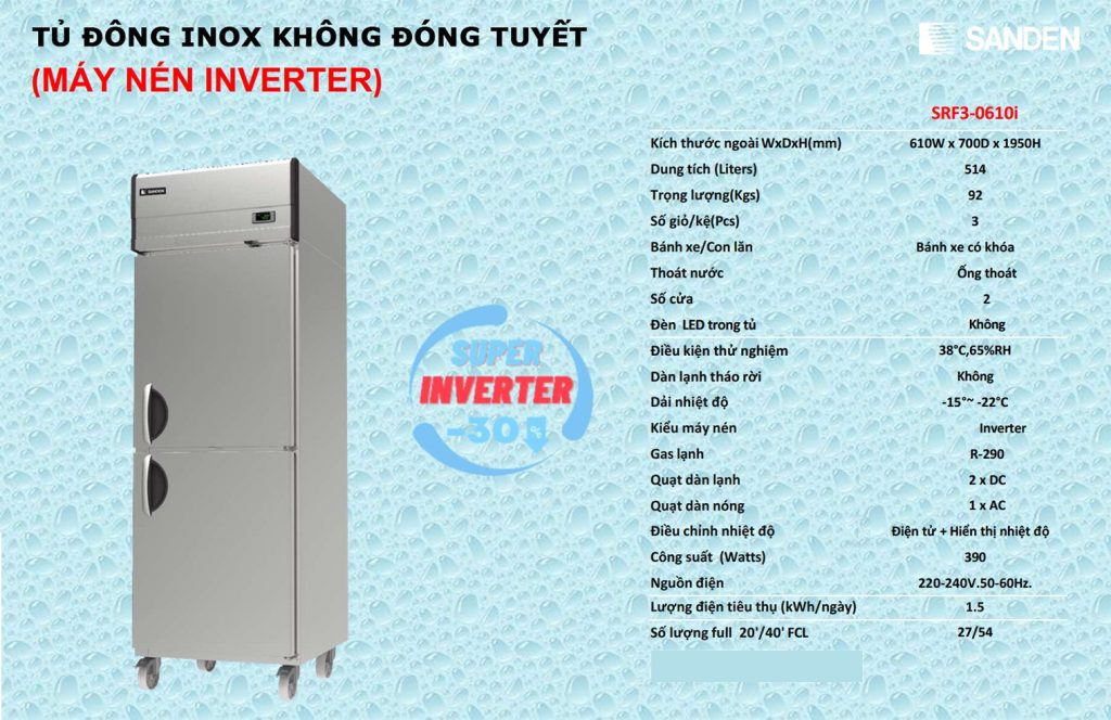Tủ đông Srf3 - 0610i Sanden intercool inox thông số kỹ thuật